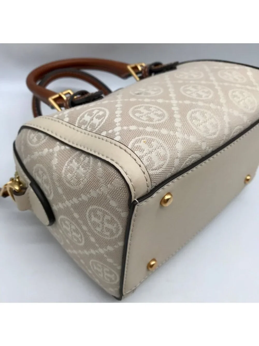 Tory Burch Beige Jacquard Monogram Logo Petite Barrel Bag